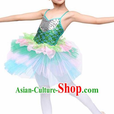 Chinese Modern Dance Stage Performance Costume Ballet Dance Green Bubble Dress for Kids