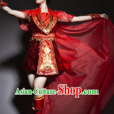 Chinese Traditional Stage Performance Costume Folk Dance Drum Dance Red Dress for Women