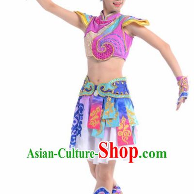 Chinese Traditional Mongol Nationality Ethnic Dance Purple Costume Minority Folk Dance Dress for Women