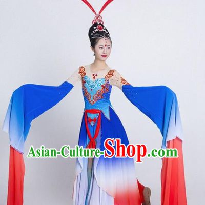 Chinese Classical Dance Blue Water Sleeve Dress Traditional Umbrella Dance Stage Performance Costume for Women
