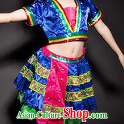 Chinese Jino Nationality Stage Performance Costume Traditional Ethnic Minority Blue Clothing for Kids