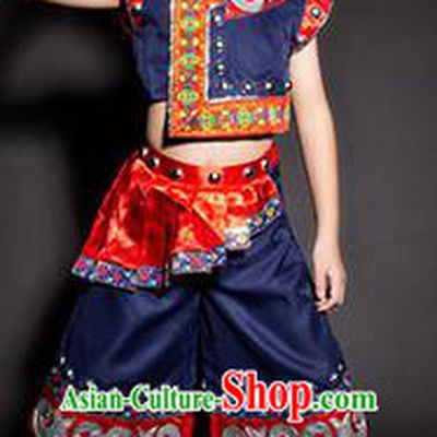 Chinese Yi Nationality Stage Performance Costume Traditional Ethnic Minority Navy Clothing for Kids