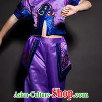Chinese Daur Nationality Stage Performance Costume Traditional Ethnic Minority Purple Clothing for Kids