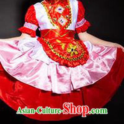 Chinese Tatar Nationality Stage Performance Costume Traditional Ethnic Minority Red Clothing for Kids
