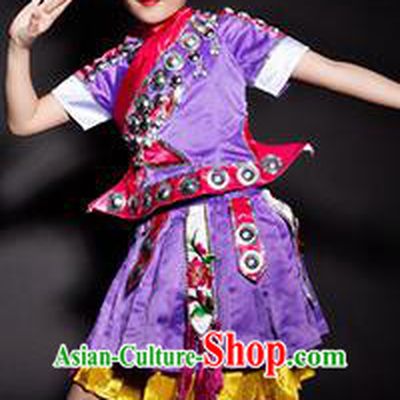 Chinese Miao Nationality Ethnic Stage Performance Purple Costume Traditional Minority Folk Dance Clothing for Kids