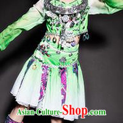 Chinese Miao Nationality Ethnic Green Costume Traditional Minority Folk Dance Stage Performance Clothing for Kids