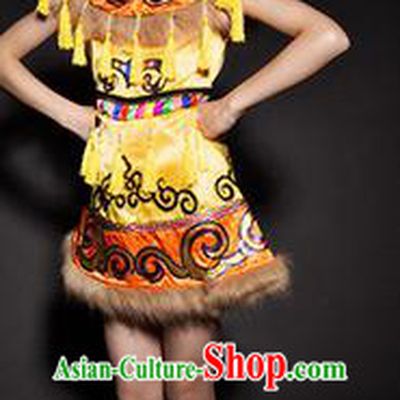 Chinese Hezhen Nationality Ethnic Yellow Costume Traditional Minority Folk Dance Stage Performance Clothing for Kids