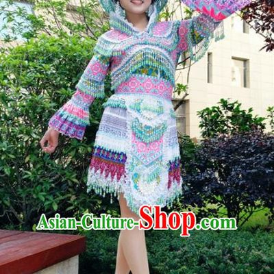 Traditional Chinese Minority Ethnic Folk Dance Lace Short Dress Miao Nationality Stage Performance Costume and Hat for Women