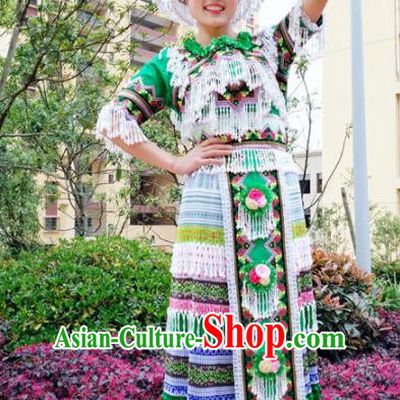 Traditional Chinese Minority Ethnic Folk Dance Green Dress Miao Nationality Stage Performance Costume and Hat for Women