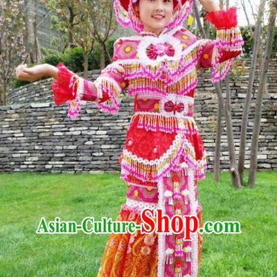 Traditional Chinese Minority Ethnic Bride Folk Dance Red Dress Miao Nationality Stage Performance Costume and Hat for Women