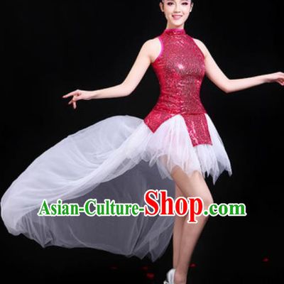 Traditional Chinese Opening Dance Rosy Paillette Short Dress Modern Dance Stage Performance Costume for Women