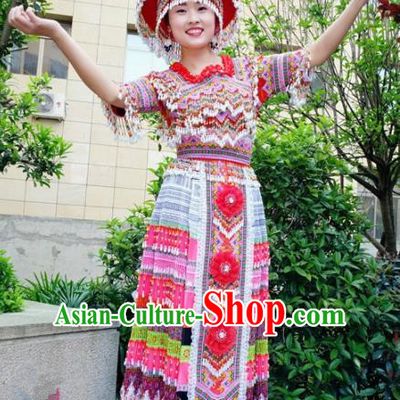Traditional Chinese Minority Ethnic Folk Dance Embroidery Dress Miao Nationality Stage Performance Costume and Hat for Women