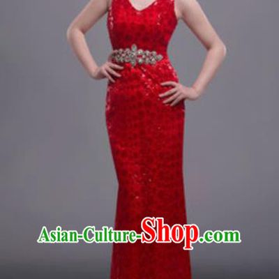 Top Grade Modern Fancywork Red Full Dress Modern Dance Compere Costume for Women