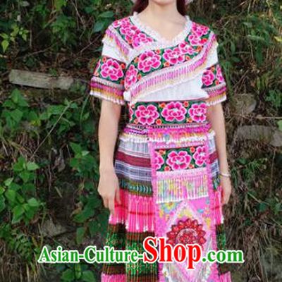 Chinese Traditional Miao Nationality Pink Dress Minority Ethnic Folk Dance Embroidered Costume for Women