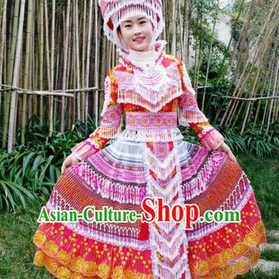 Chinese Traditional Miao Nationality Red Dress Minority Ethnic Folk Dance Embroidered Costume for Women