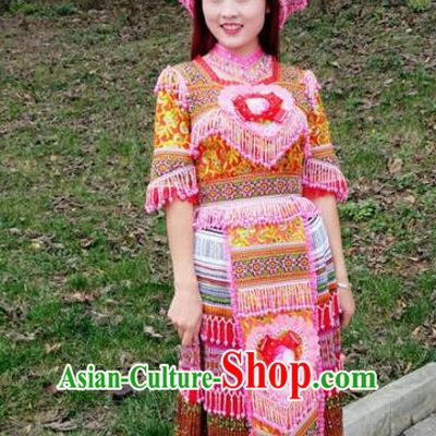 Chinese Traditional Miao Nationality Bride Red Dress Minority Ethnic Folk Dance Costume for Women