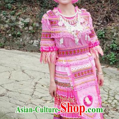 Traditional Chinese Miao Nationality Pink Dress Minority Ethnic Folk Dance Costume for Women