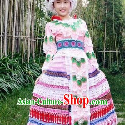 Traditional Chinese Miao Nationality Pink Pleated Dress Minority Ethnic Folk Dance Costume and Hat for Women