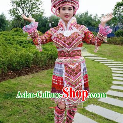 Traditional Chinese Miao Nationality Red Short Pleated Dress Minority Ethnic Folk Dance Costume and Hat for Women