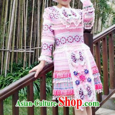 Traditional Chinese Miao Nationality Pink Short Pleated Dress Minority Ethnic Folk Dance Costume for Women