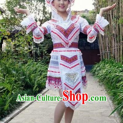 Traditional Chinese Miao Nationality Folk Dance White Short Dress Minority Ethnic Wedding Stage Performance Costume for Women