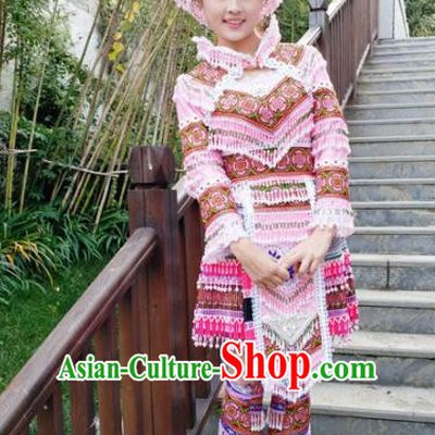 Traditional Chinese Miao Nationality Folk Dance Beads Tassel Pink Short Dress Minority Ethnic Wedding Stage Performance Costume for Women