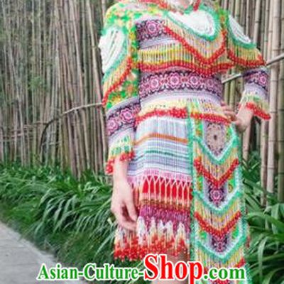 Chinese Traditional Miao Nationality Green Beads Short Dress Minority Ethnic Folk Dance Costume for Women