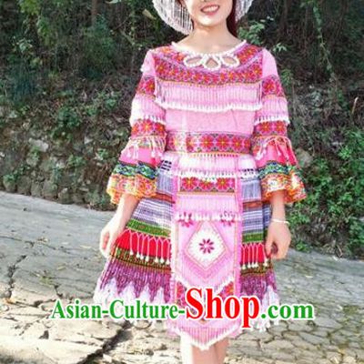 Chinese Traditional Miao Nationality Pink Short Dress Minority Ethnic Folk Dance Costume for Women
