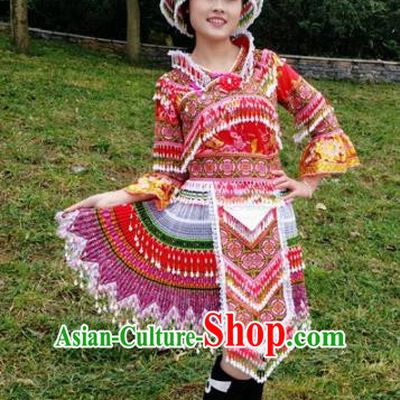 Traditional Chinese Miao Nationality Stage Performance Costume Minority Ethnic Folk Dance Red Short Dress and Hat for Women