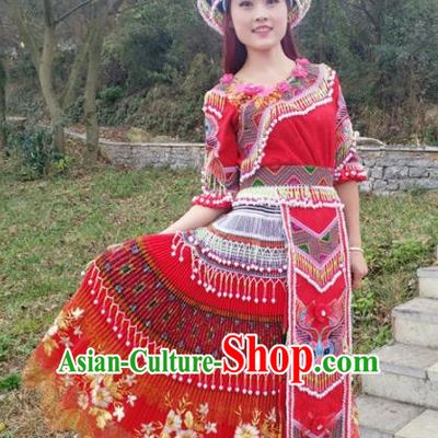 Traditional Chinese Minority Ethnic Folk Dance Red Dress Miao Nationality Stage Performance Costume and Hat for Women