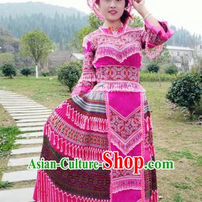Traditional Chinese Minority Ethnic Folk Dance Rosy Dress Miao Nationality Stage Performance Costume and Hat for Women