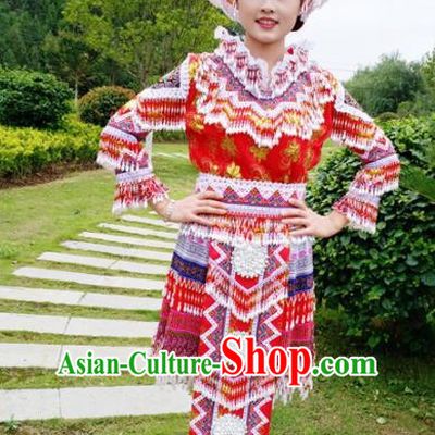 Traditional Chinese Minority Ethnic Folk Dance Red Short Dress Miao Nationality Stage Performance Costume and Hat for Women