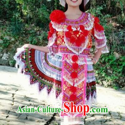 Traditional Chinese Minority Ethnic Folk Dance Pleated Skirt Miao Nationality Stage Performance Costume and Hat for Women