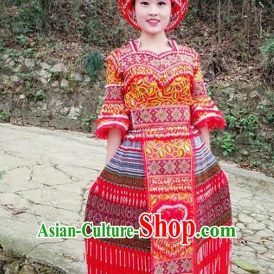 Traditional Chinese Minority Ethnic Folk Dance Embroidery Red Dress Miao Nationality Stage Performance Costume and Hat for Women