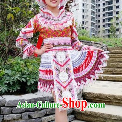 Traditional Chinese Minority Ethnic Folk Dance Embroidery Short Dress Miao Nationality Stage Performance Costume and Hat for Women