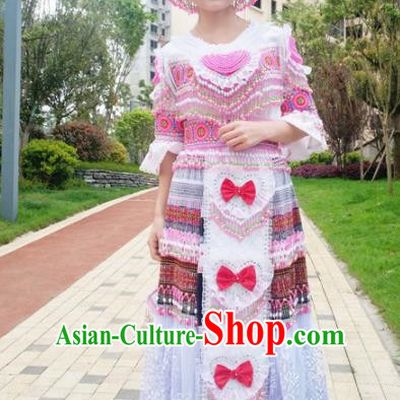 Traditional Chinese Minority Ethnic Folk Dance Embroidery White Dress Miao Nationality Stage Performance Costume and Hat for Women