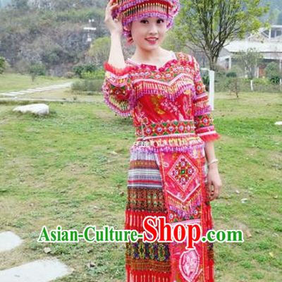 Traditional Chinese Miao Nationality Bride Embroidered Red Dress Minority Ethnic Folk Dance Stage Performance Costume for Women