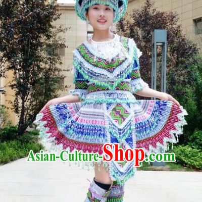 Traditional Chinese Minority Ethnic Folk Dance Embroidery Blue Short Dress Miao Nationality Stage Performance Costume and Hat for Women