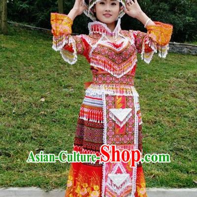 Traditional Chinese Miao Nationality Bride Embroidered Red Long Dress Minority Ethnic Folk Dance Stage Performance Costume for Women