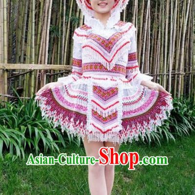 Traditional Chinese Miao Nationality Female Embroidered White Short Dress Minority Ethnic Folk Dance Stage Performance Costume for Women