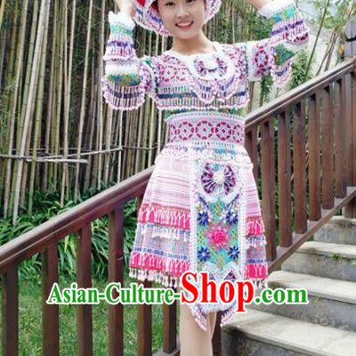 Traditional Chinese Miao Nationality Female Short Dress Minority Ethnic Folk Dance Stage Performance Costume and Hat for Women
