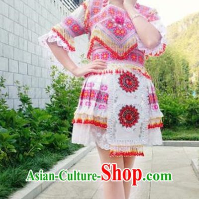 Traditional Chinese Miao Nationality Female Costume Minority Ethnic Folk Dance Stage Performance Short Dress and Hat for Women