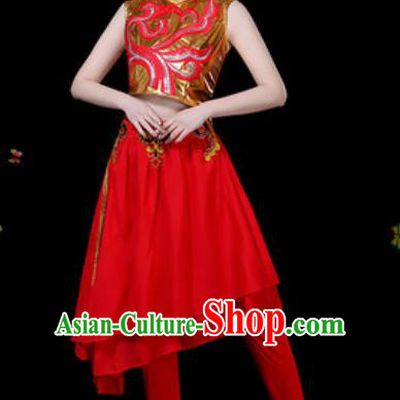 Traditional Chinese Yangko Group Dance Red Veil Dress Folk Dance Drum Dance Stage Performance Costume for Women