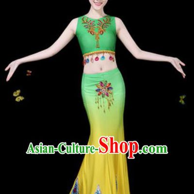 Traditional Chinese Minority Ethnic Peacock Dance Gradient Green Dress Dai Nationality Stage Performance Costume for Women