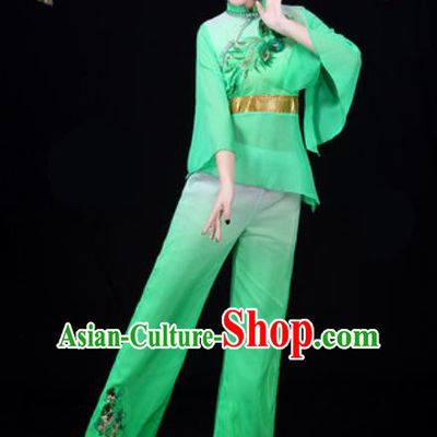 Traditional Chinese Yangko Green Clothing Folk Dance Fan Dance Stage Performance Costume for Women