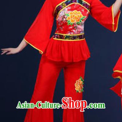 Traditional Chinese Fan Dance Embroidery Peony Red Clothing Folk Dance Yangko Stage Performance Costume for Women