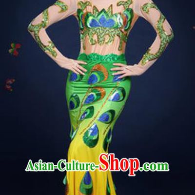 Traditional Chinese Minority Ethnic Green Dress Dai Nationality Dance Stage Performance Costume for Women