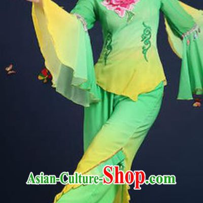 Traditional Chinese Fan Dance Embroidery Peony Green Clothing Folk Dance Yangko Stage Performance Costume for Women