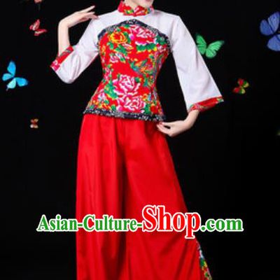 Traditional Chinese Yangko Red Clothing Folk Dance Fan Dance Stage Performance Costume for Women
