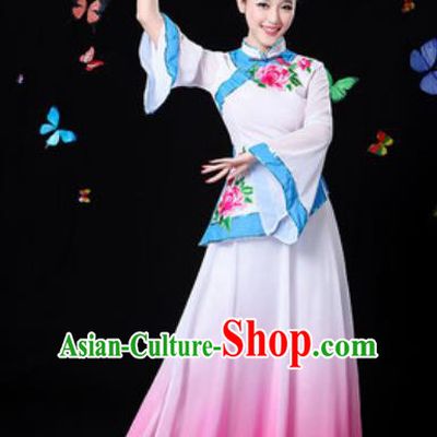 Chinese Traditional Classical Dance White Dress Umbrella Dance Group Dance Stage Performance Costume for Women